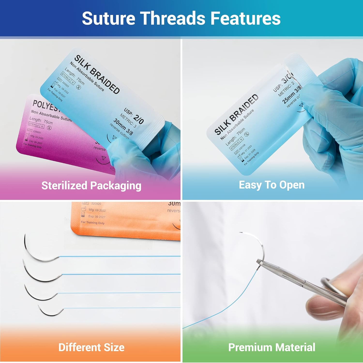 Sterile Sutures Thread & Needle with Tools Kit, First Aid Field Emergency Suppli