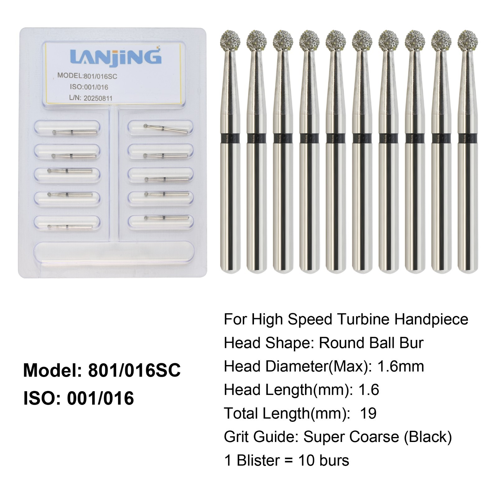Dental Diamond Burs Round Ball Surgical Bur FG Coarse Fine Long High Speed 801
