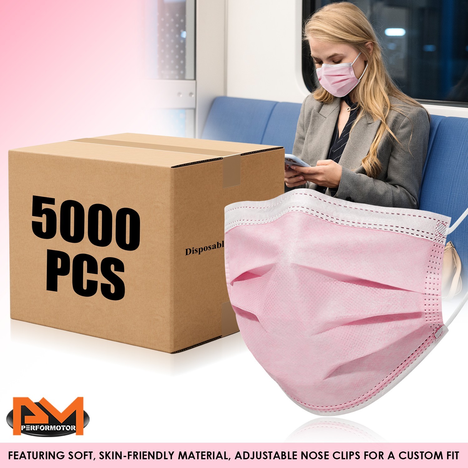 5000Pcs [Case of 100 Boxes] – Pink 3-Ply Disposable Face Mask Protective Cover