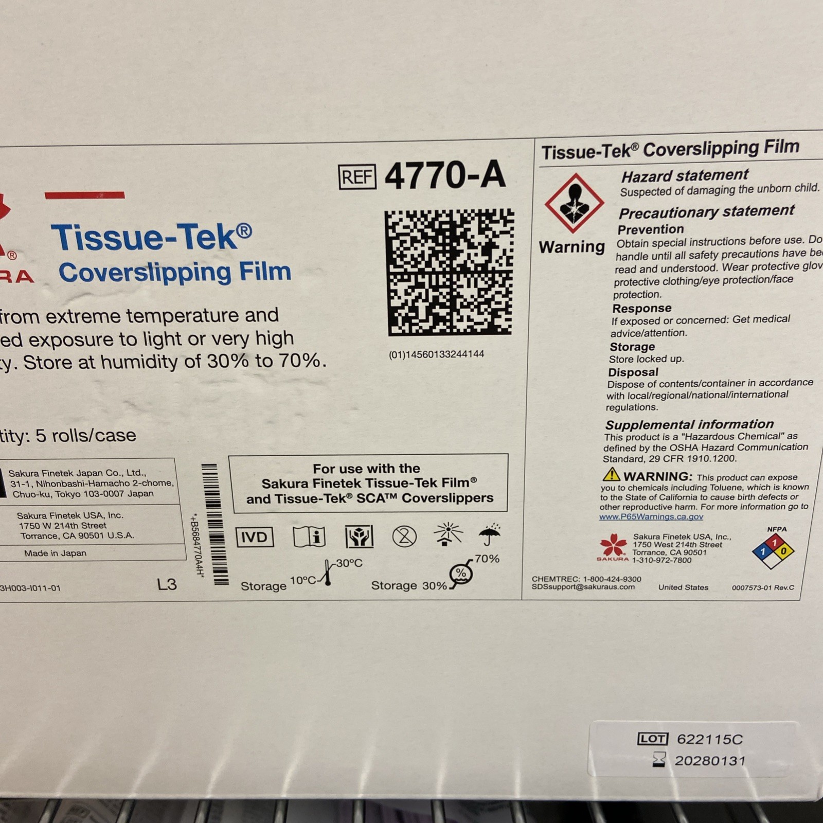 Sakura Tissue-Tek Coverslipping Film box of 5 rolls, #4770-1