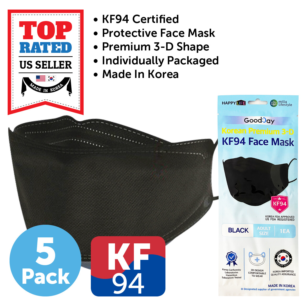 5 Pack KF94 BLACK Protective Face Mask Adult Unisex Made in Korea KFDA Approved