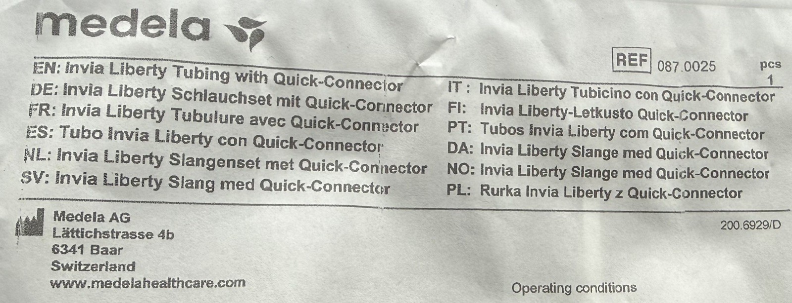 SEALED Medela Invia Liberty Tubing with Quick-Connector REF 087.0025 NEW