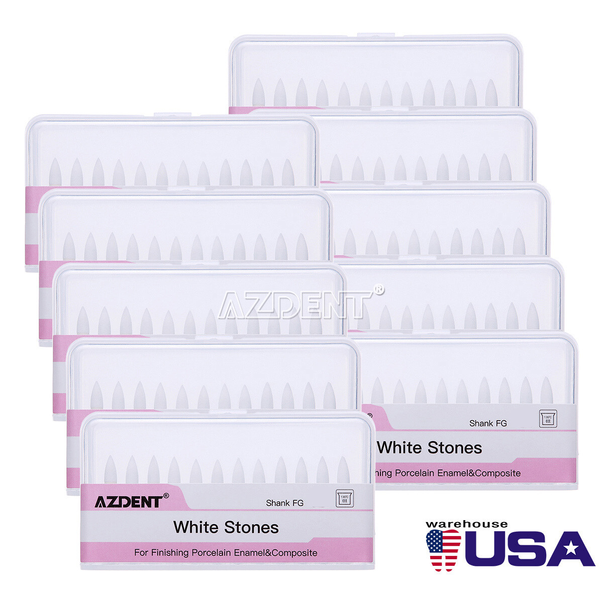 10packs Dental Flame Mounted White Stone Polishing Burs FG Abrasion Point Burs