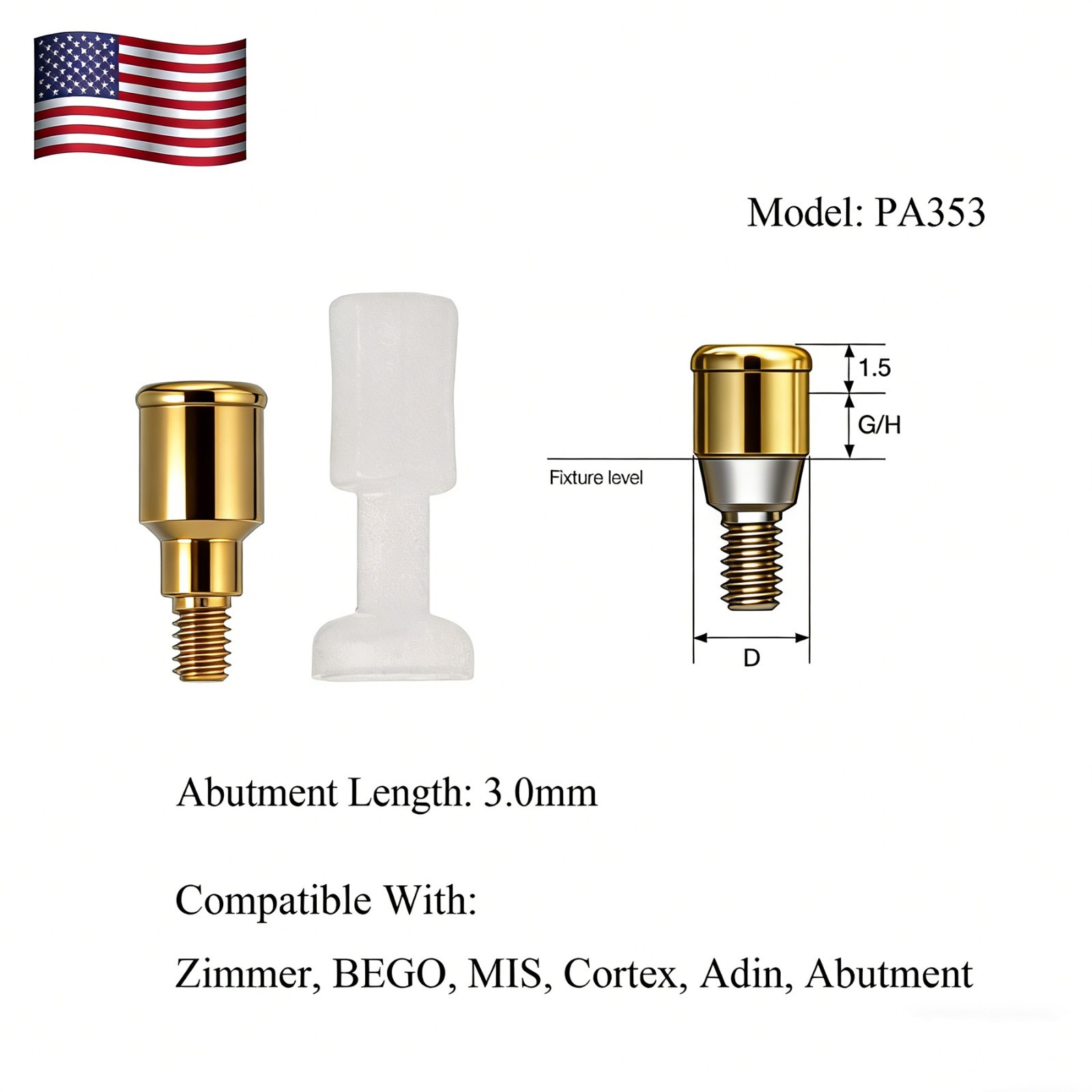 Dental PA3.5 4.5 Attachment Abutment Male Cap for Zimmer Removable AH=3/4/5mm