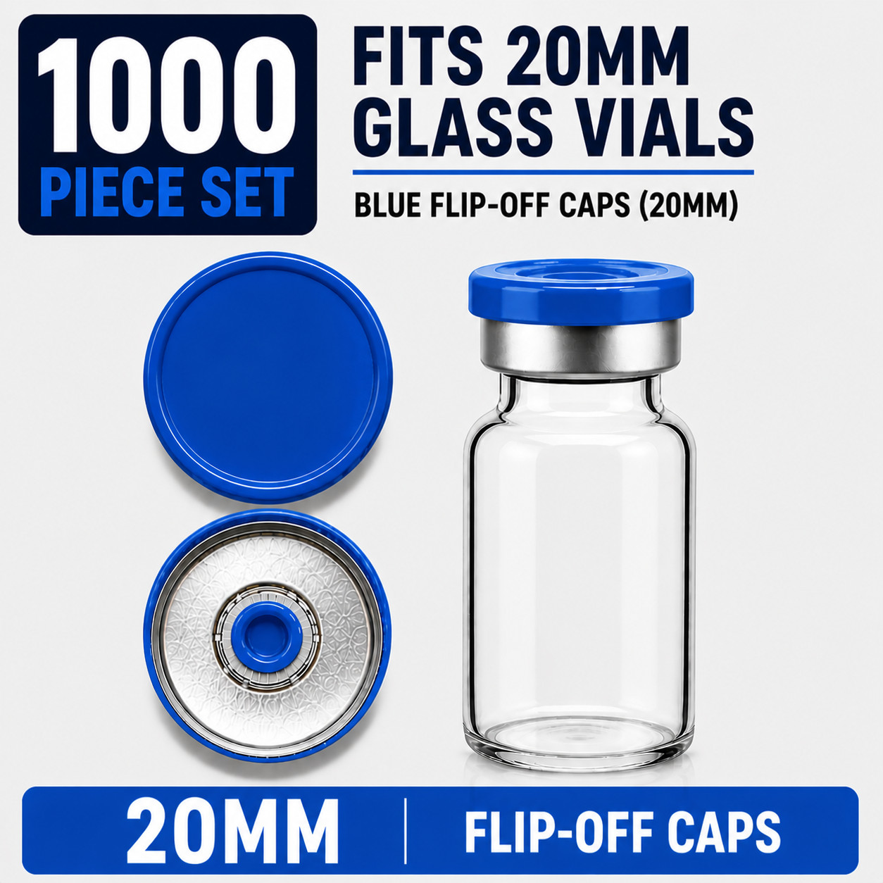 20mm Aluminum Shiny Flip Off Serum Vial Seals + Rubber plugs 1000