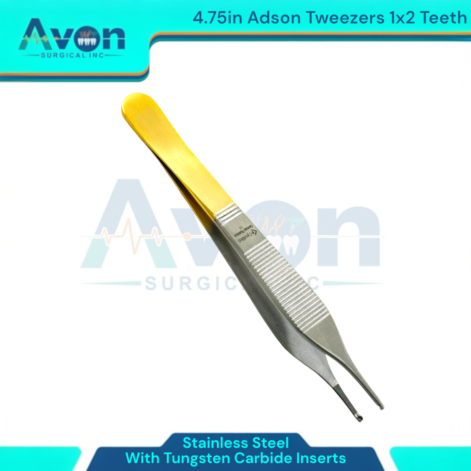 5pc – Adson Forceps with Tungsten Carbide Inserts, 1×2 Teeth, Straight, Premium