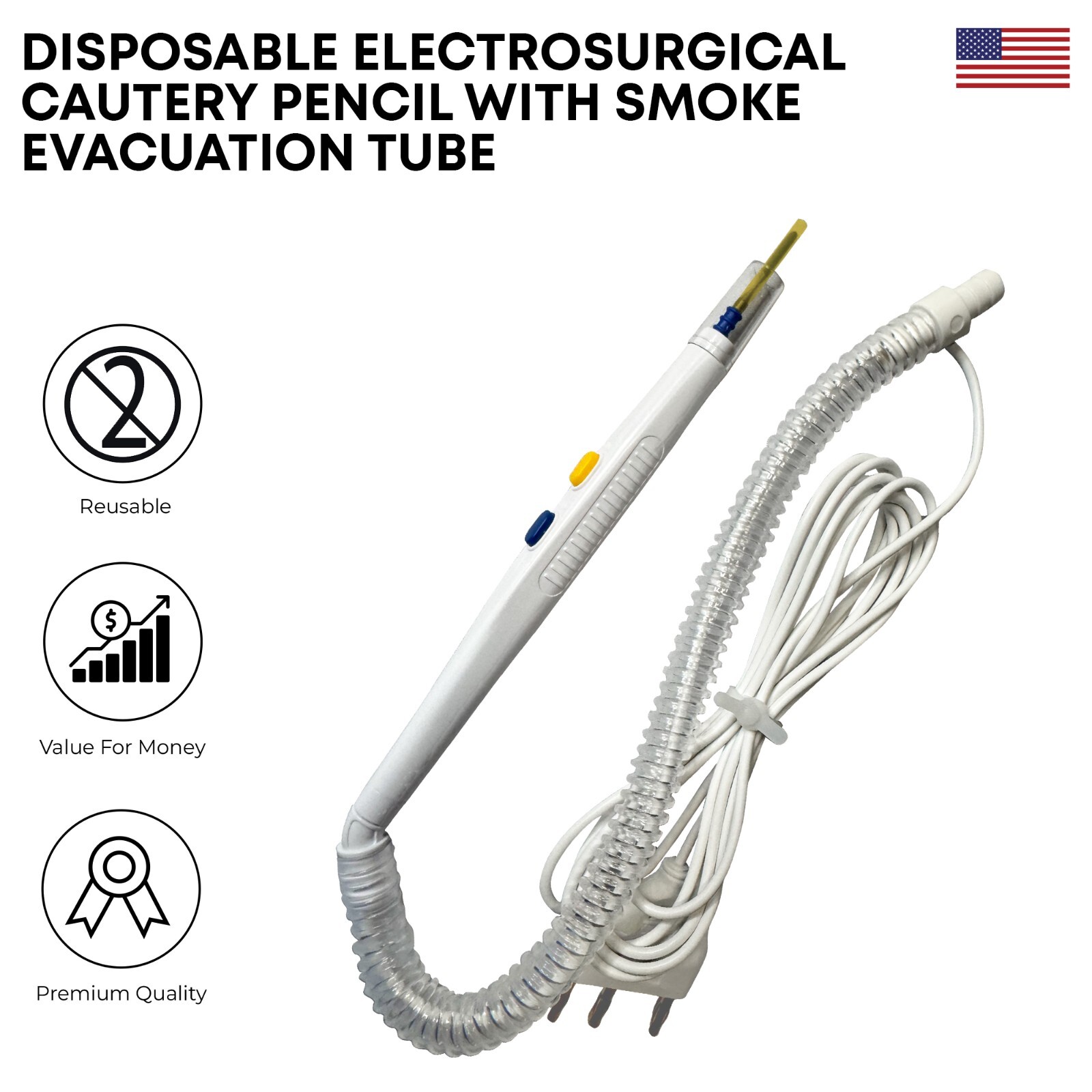 Disposable Electrosurgical Cautery Pencil with Smoke Evacuation Tube – Sterile