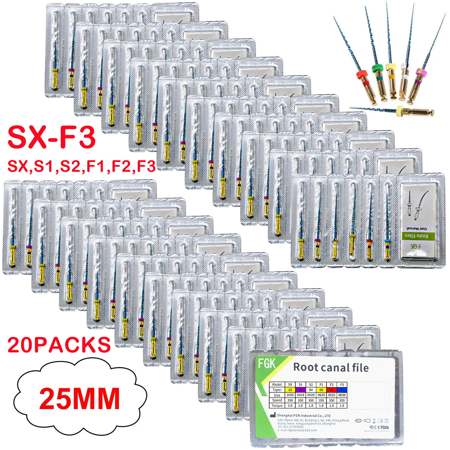 20PK Dental Endo Rotary Files Engine Use NITI Root Canal SX S1 S2 F1 F2 F3 25MM