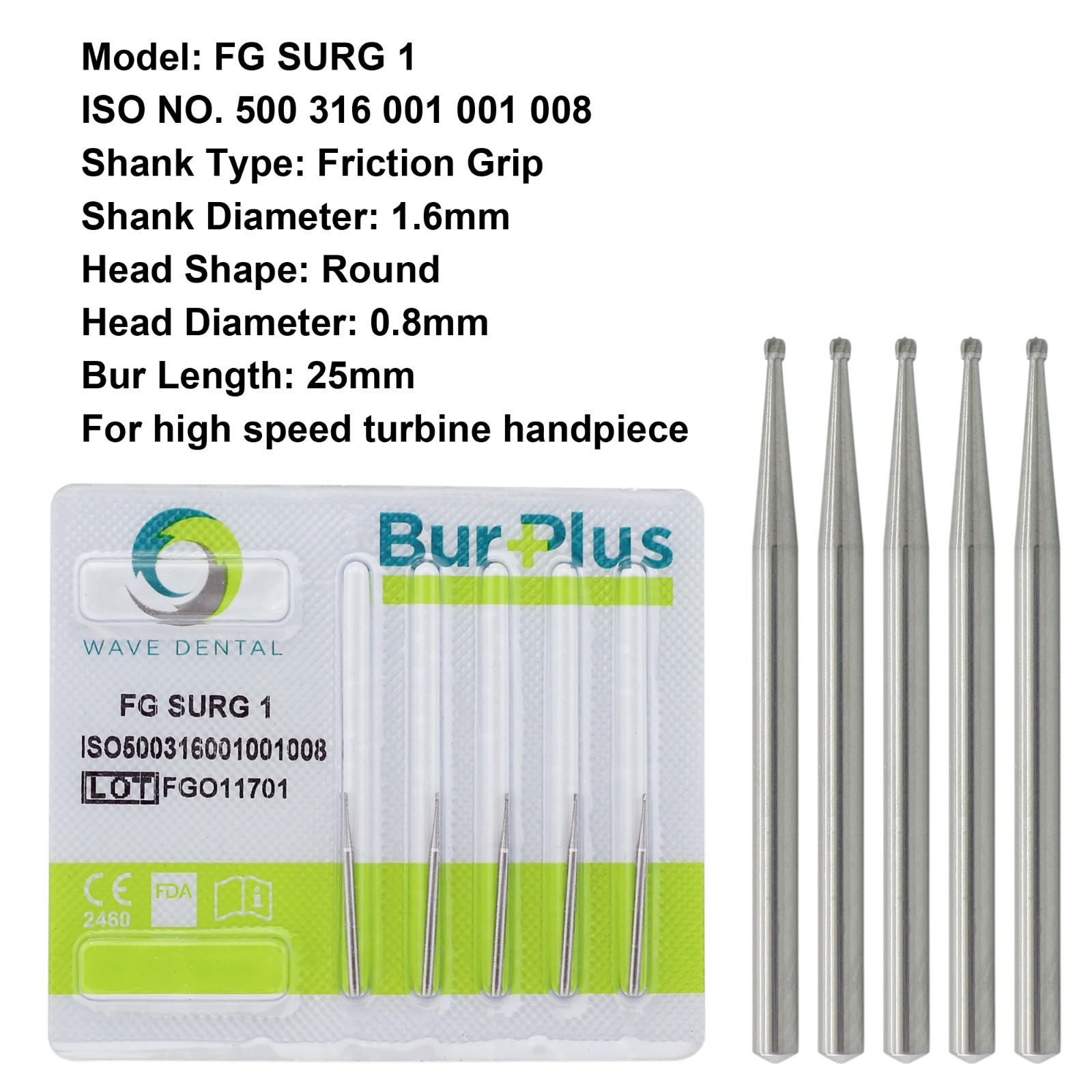Wave Dental Oral Surgical Burs Round Tungsten Carbide FG SURG 1 2 8 Midwest FGOS