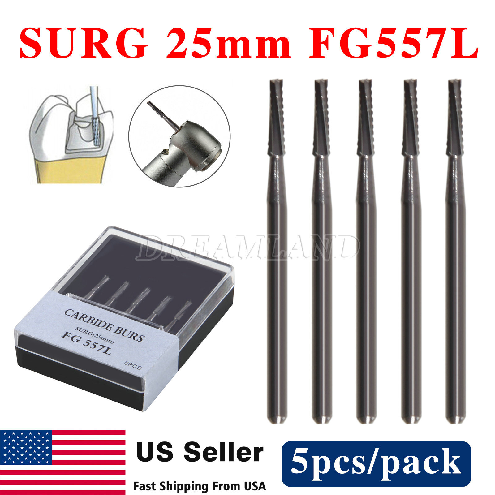 Dental Surgical Burs #557 FG Long Shank 25mm Tungsten Carbide High Speed