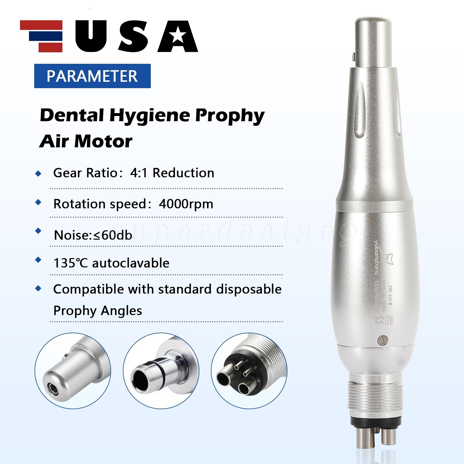 Dental Hygiene Prophy Handpiece Air Motor + 4:1 Straight Nose Cone 360° Swivel