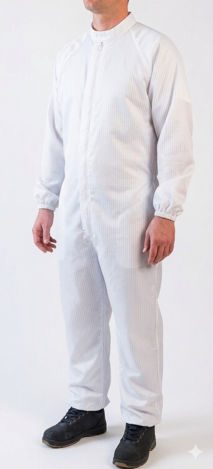 Prudential Cleanroom Services XL White Striped ESD Coverall CR-11-79-A8 Reusable