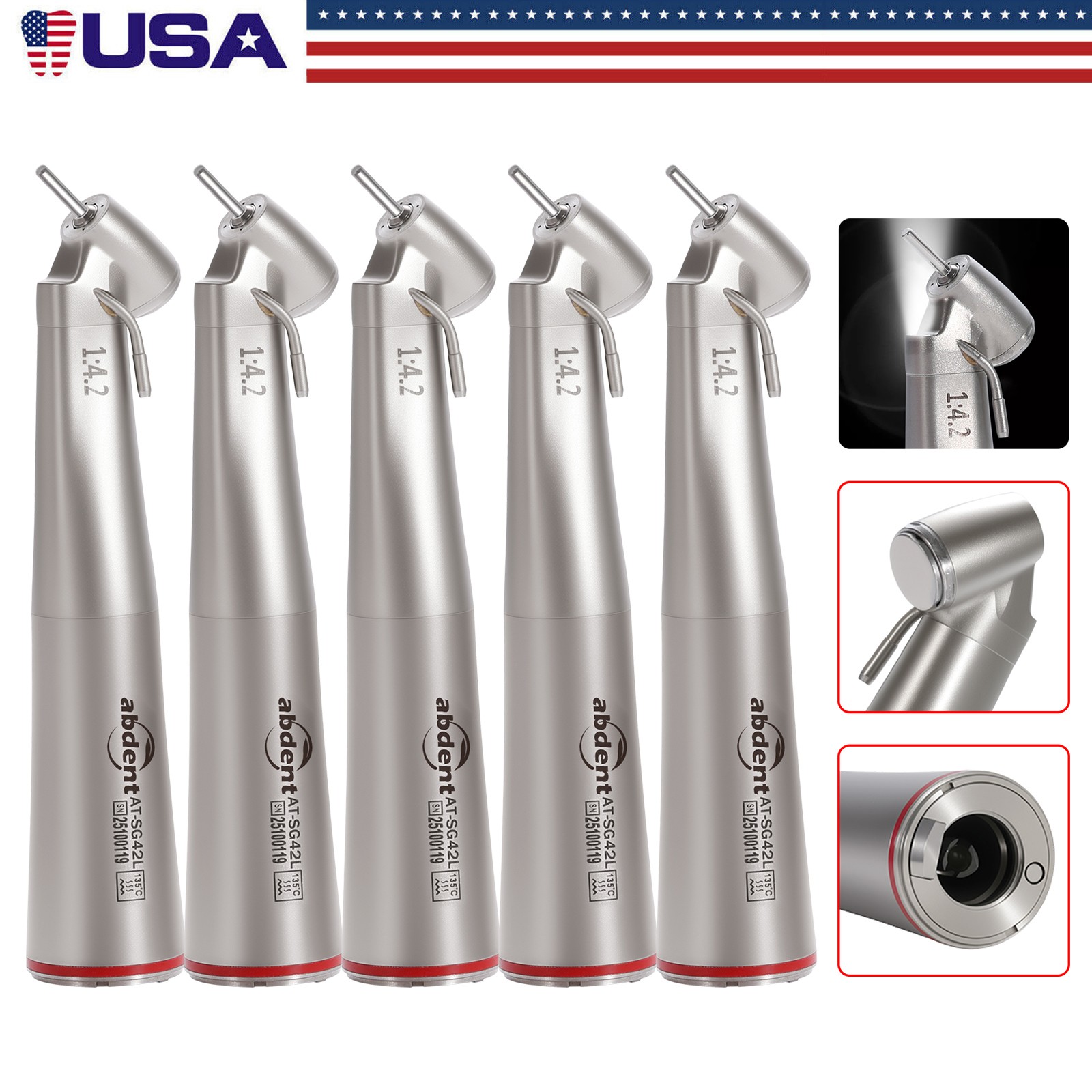 5 PCS Dental 1:4.2 LED 45°Angle Head Contra Angle Handpiece External Water