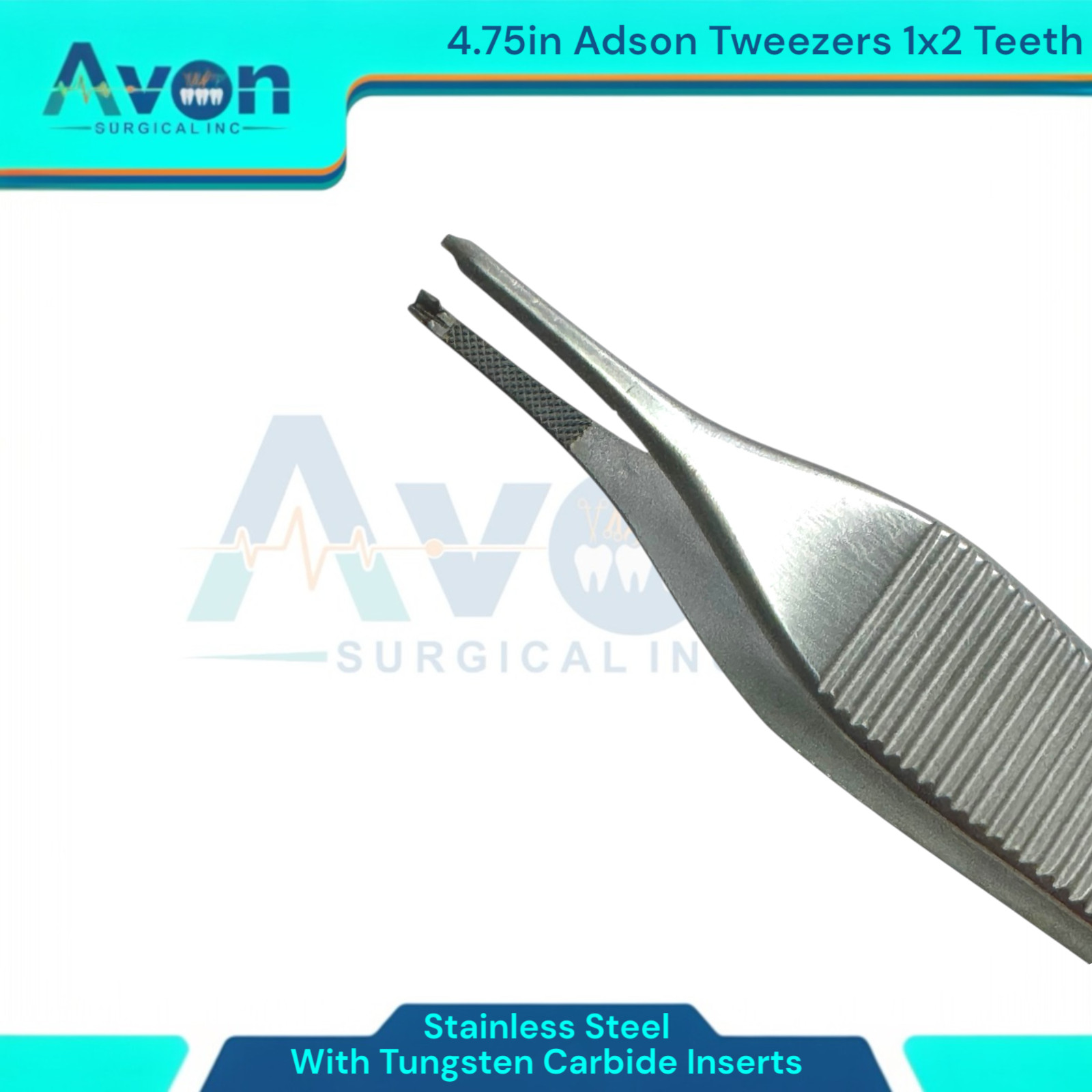 5pc – Adson Forceps with Tungsten Carbide Inserts, 1×2 Teeth, Straight, Premium