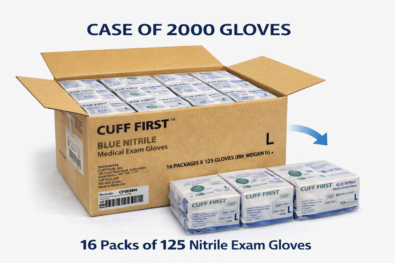 Cuff First Nitrile Exam Gloves Case 2000 Ct (16 x 125) Blue Latex-Free