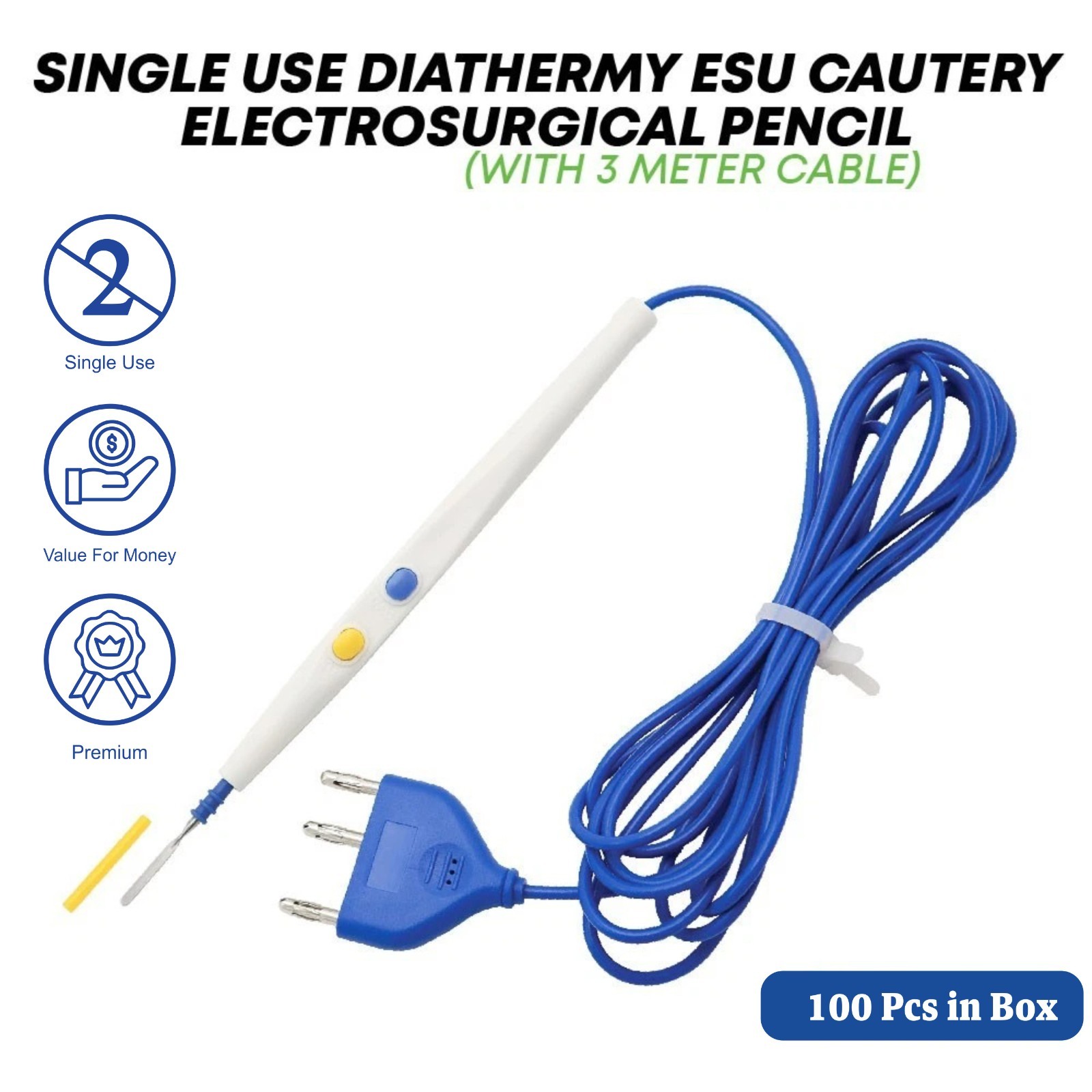 Diathermy ESU Cautery Electrosurgical Pencil with Blade Electrode Box of 100 Pcs