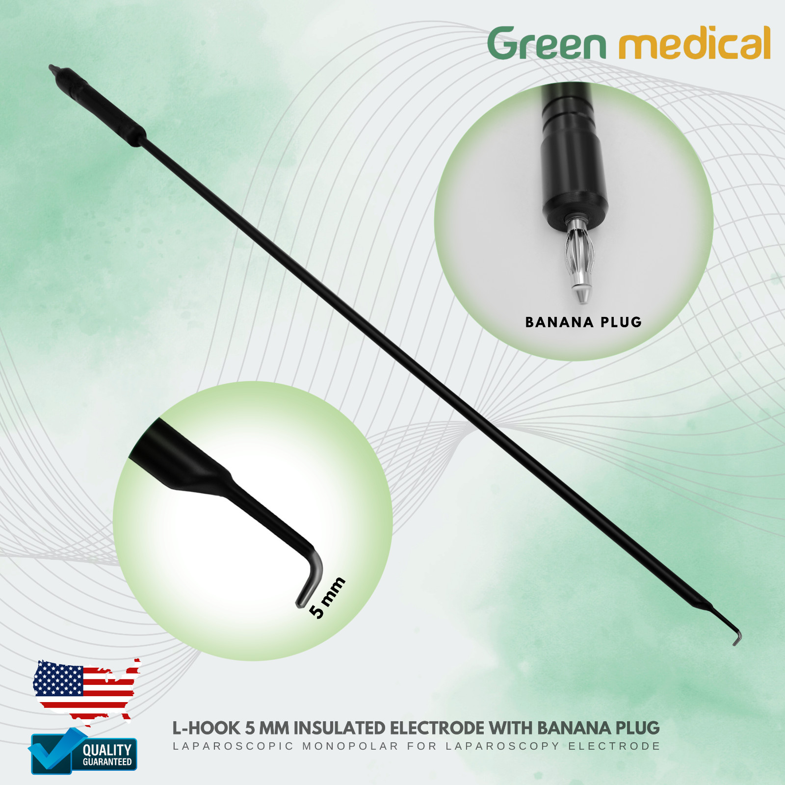L-Hook 5 mm Insulated Electrode laparoscopic monopolar With Banana Plug