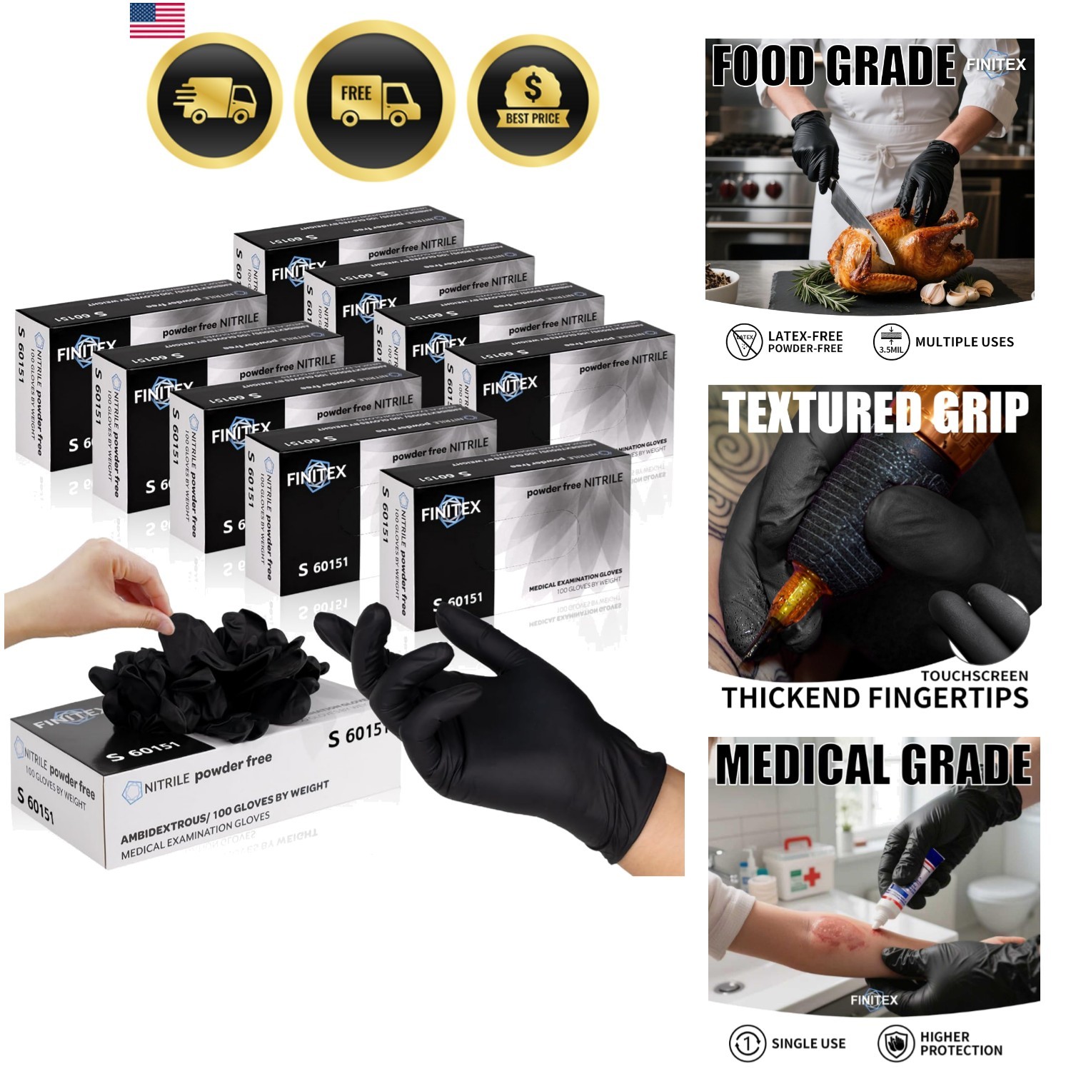 Black Nitrile Disposable Gloves, Exam Gloves, Powder-free, Latex-free, 3mil, …