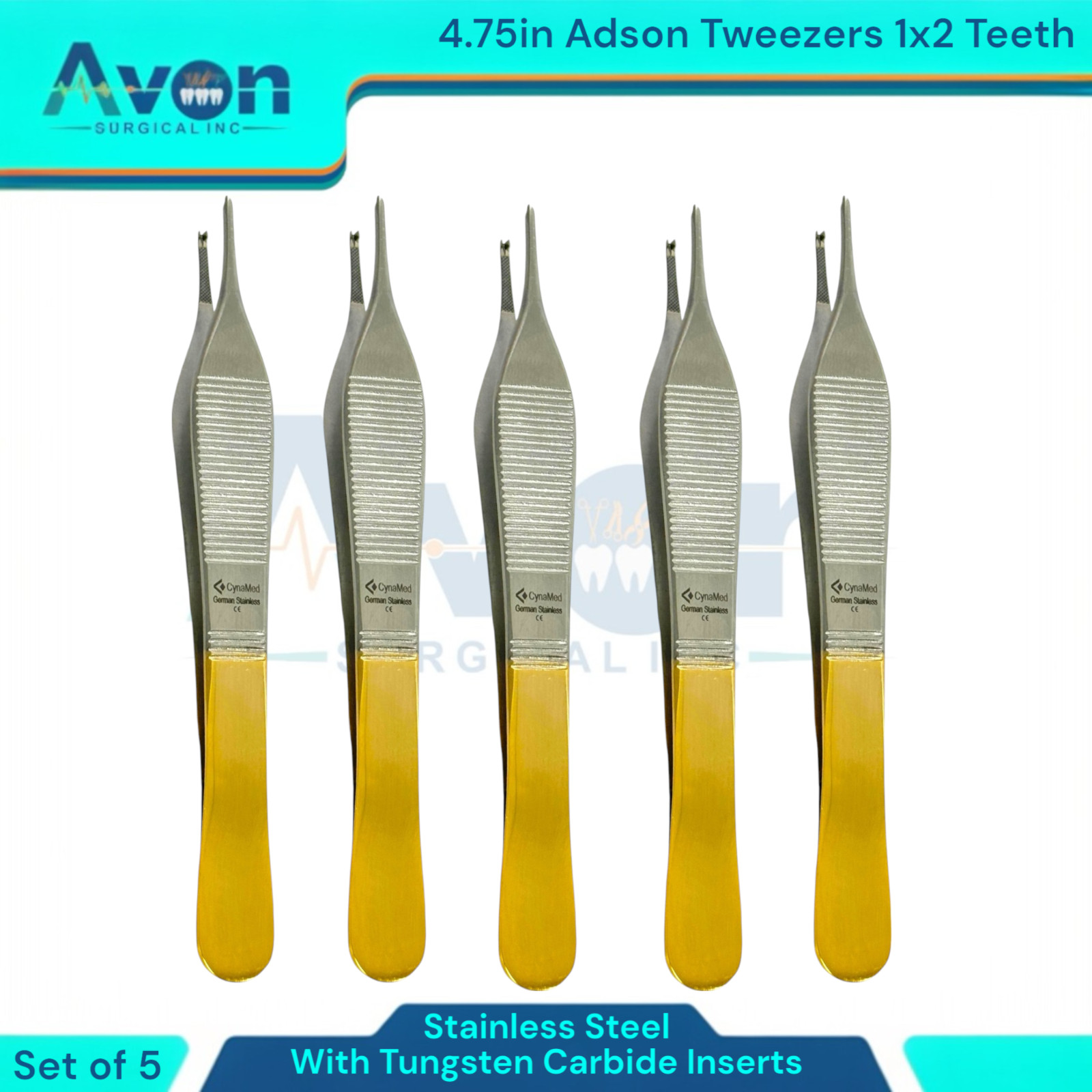 5pc – Adson Forceps with Tungsten Carbide Inserts, 1×2 Teeth, Straight, Premium