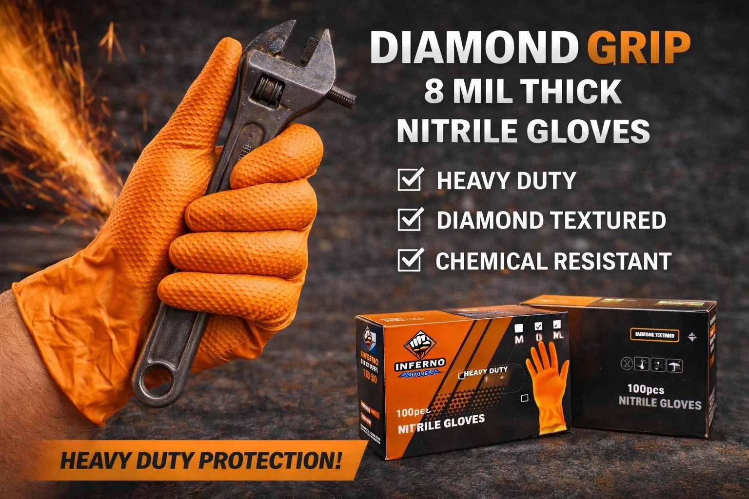 Inferno Diamond Grip Orange Nitrile Gloves 8 Mil, Diamond Texture, Box of 100Pcs