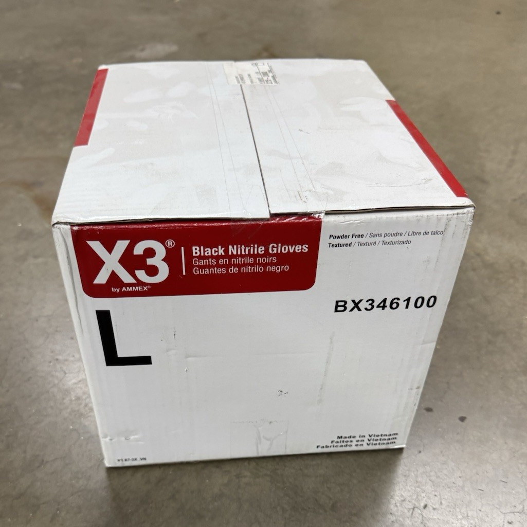 AMMEX X3 Black Nitrile Gloves 3 mil Powder-Free Large BX346100