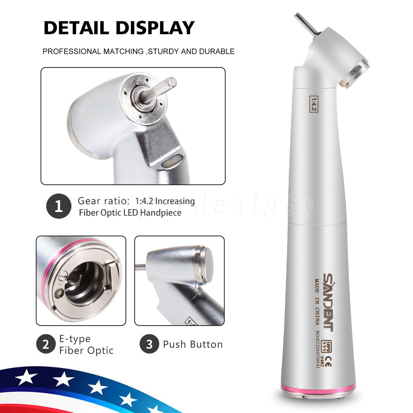 45° Angle Head Dental 1:4.2 Increasing LED Optic Contra Angle handpiece Inner US