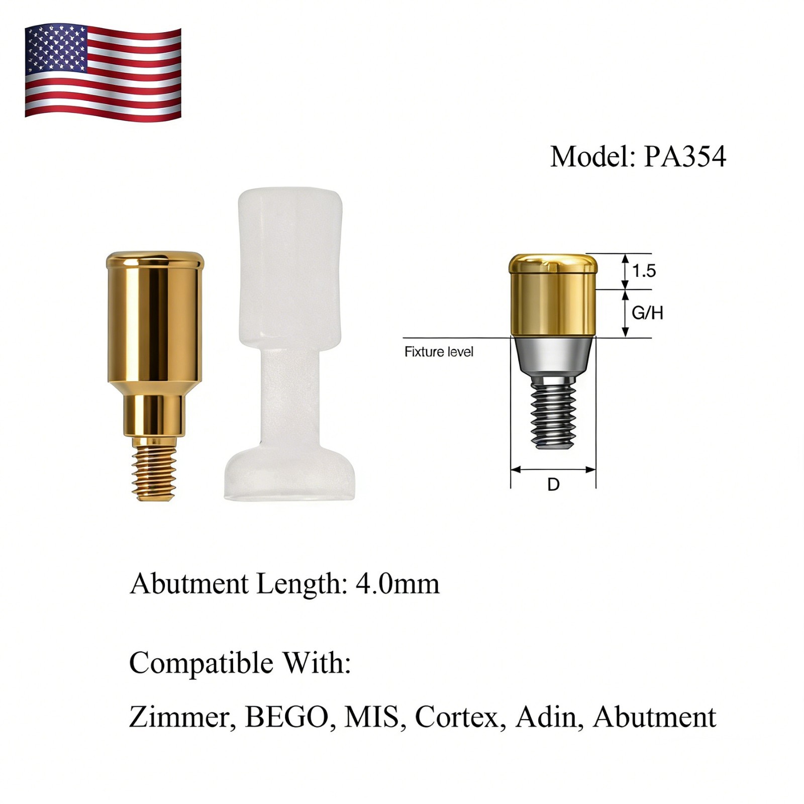 Dental PA3.5 4.5 Attachment Abutment Male Cap for Zimmer Removable AH=3/4/5mm