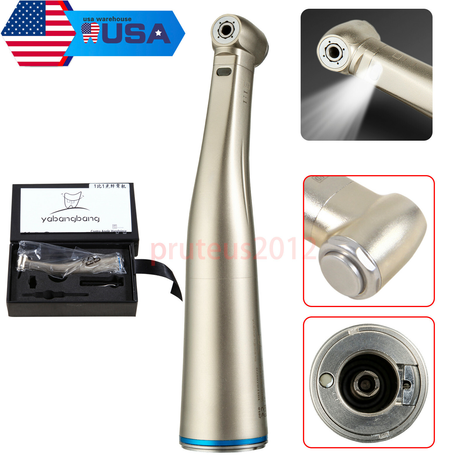 Dental Contra Angle Handpiece 1:1 LED Fiber Optic Low Speed φ2.35mm USA