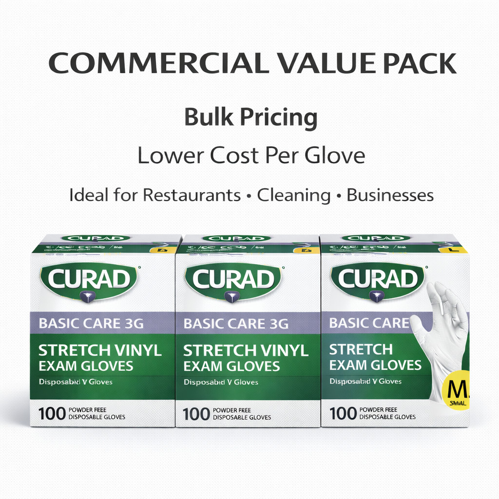 CURAD Basic Care 3G Stretch Vinyl Exam Gloves, 300 Piece, Soft Flexible Easy Fit