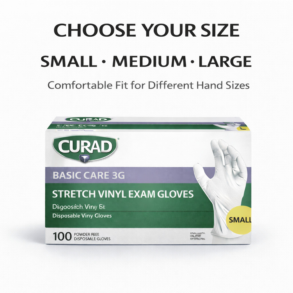 CURAD Basic Care 3G Stretch Vinyl Exam Gloves, 300 Piece, Soft Flexible Easy Fit