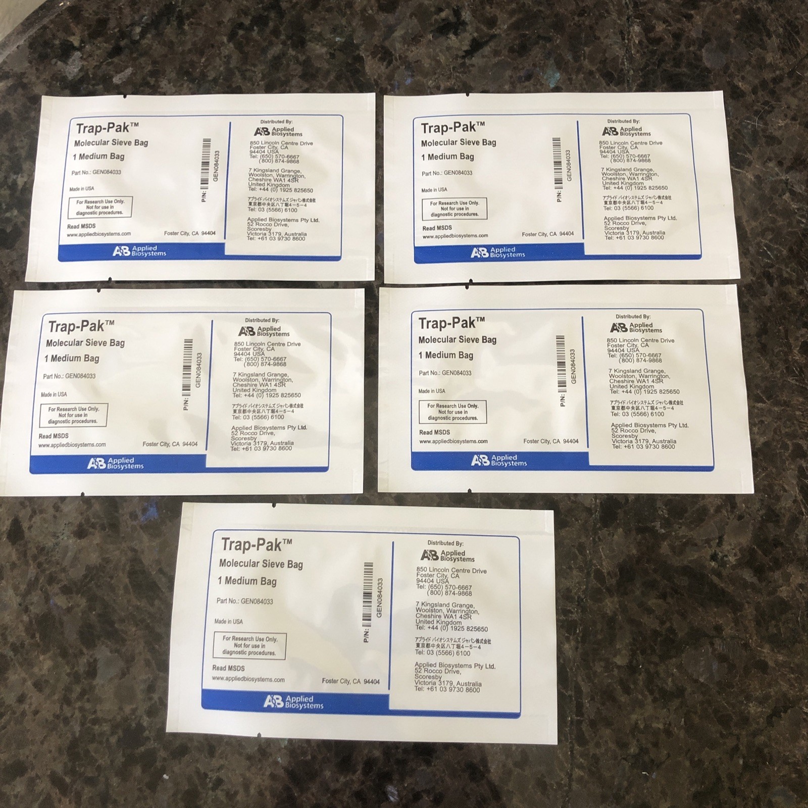 LOT OF 5 Applied Biosystems Trap-Pak  MOLECULAR SIEVE BAGS / MEDIUM / 5 packs