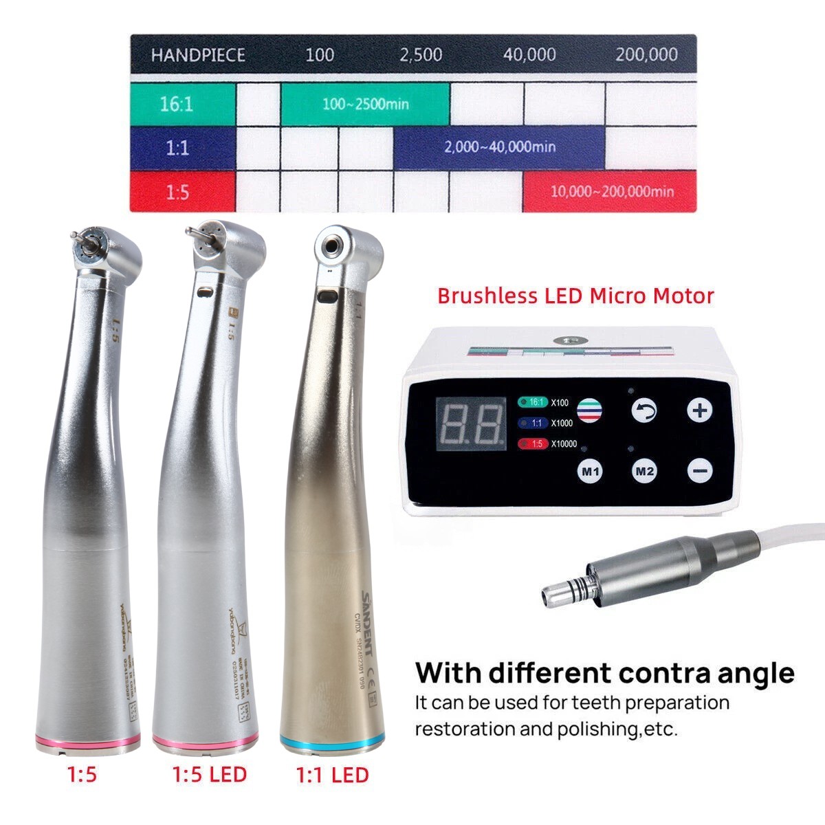 NSK Style Dental Brushless LED Electric Micro Motor 1:1/1:5 Increasing Handpiece
