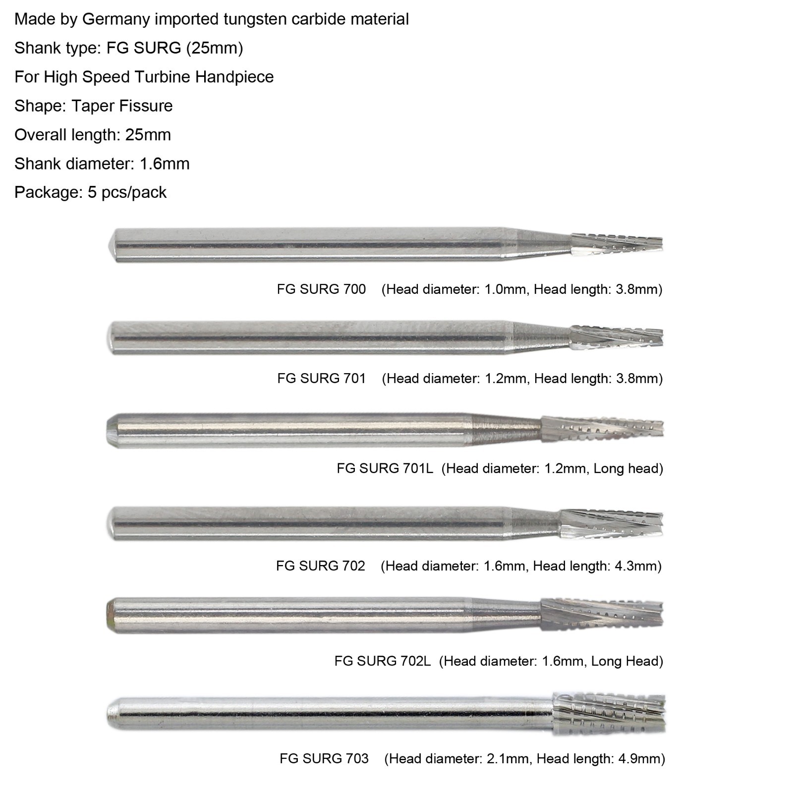 Wave Dental Surgical Burs 702 701 703 High Speed Long Shank Carbide bur FG SURG