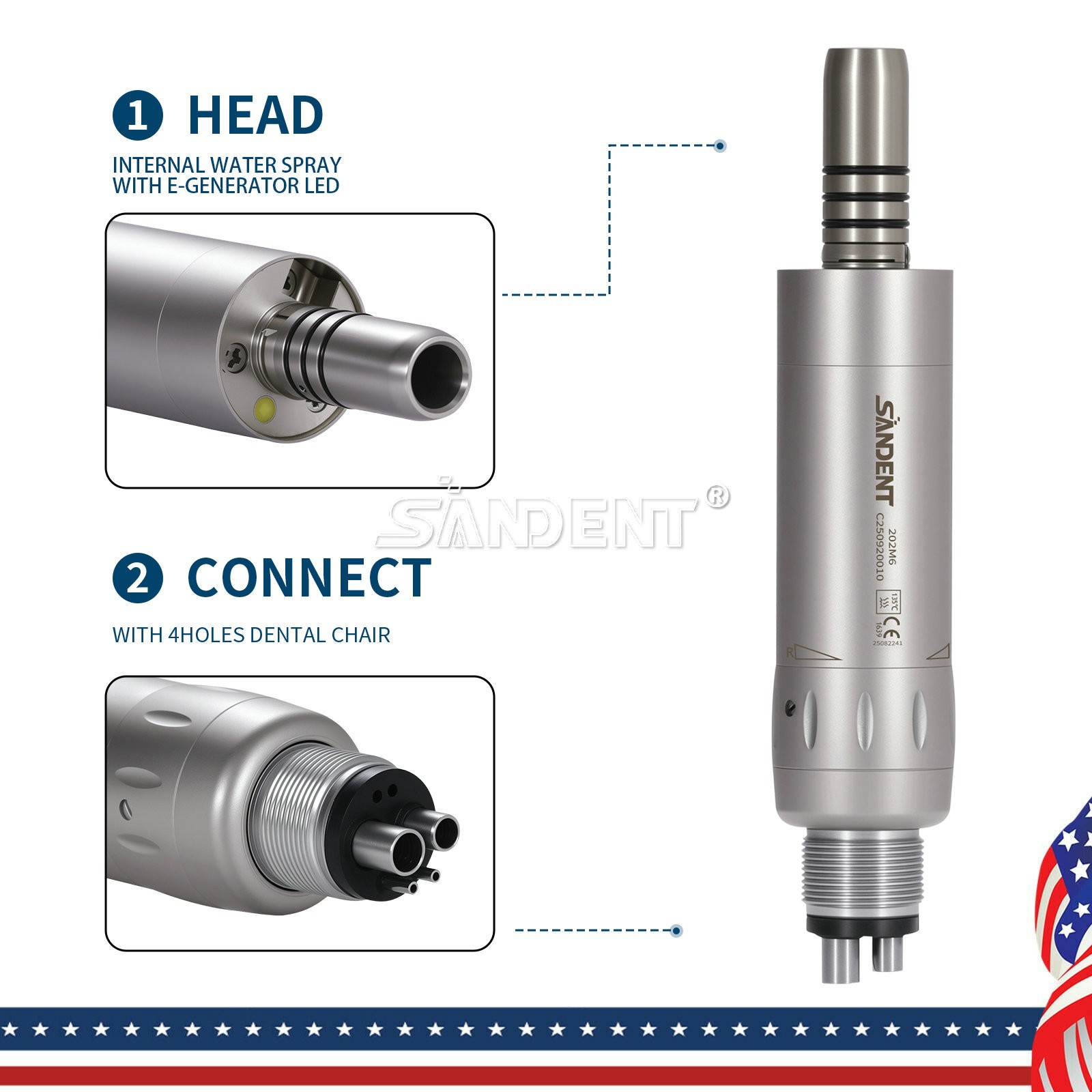 Dental Internal Water Spray Low Speed Air Motor Handpiece 4Hole E-generator LED