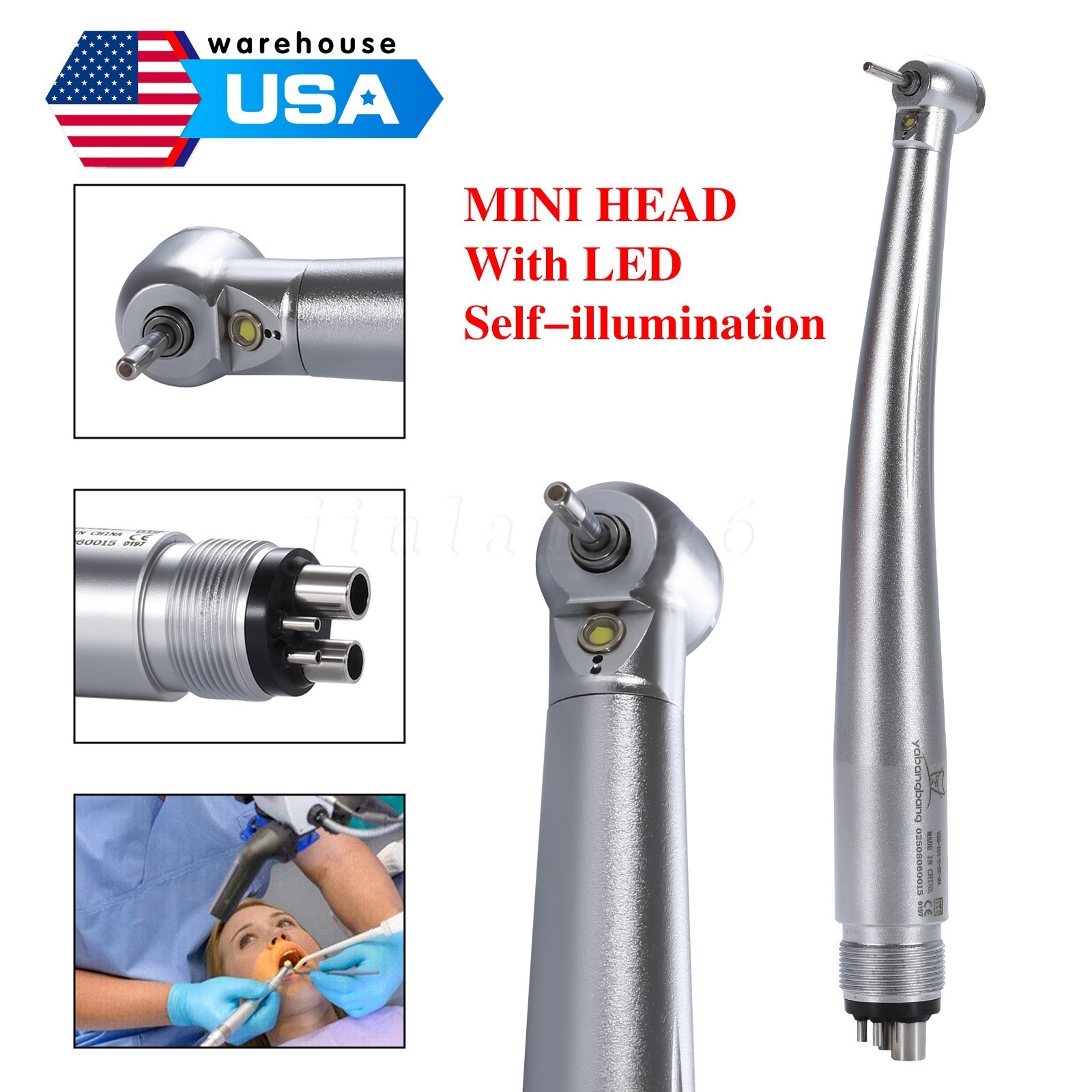 Mini Small Head Dental Fiber Optic LED E-generator / High Speed Handpiece 4 HOLE