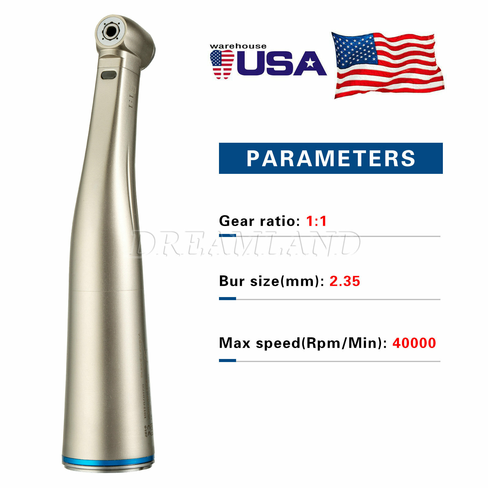 Dental Contra Angle Handpiece 1:1 LED Fiber Optic Low Speed φ2.35mm USA