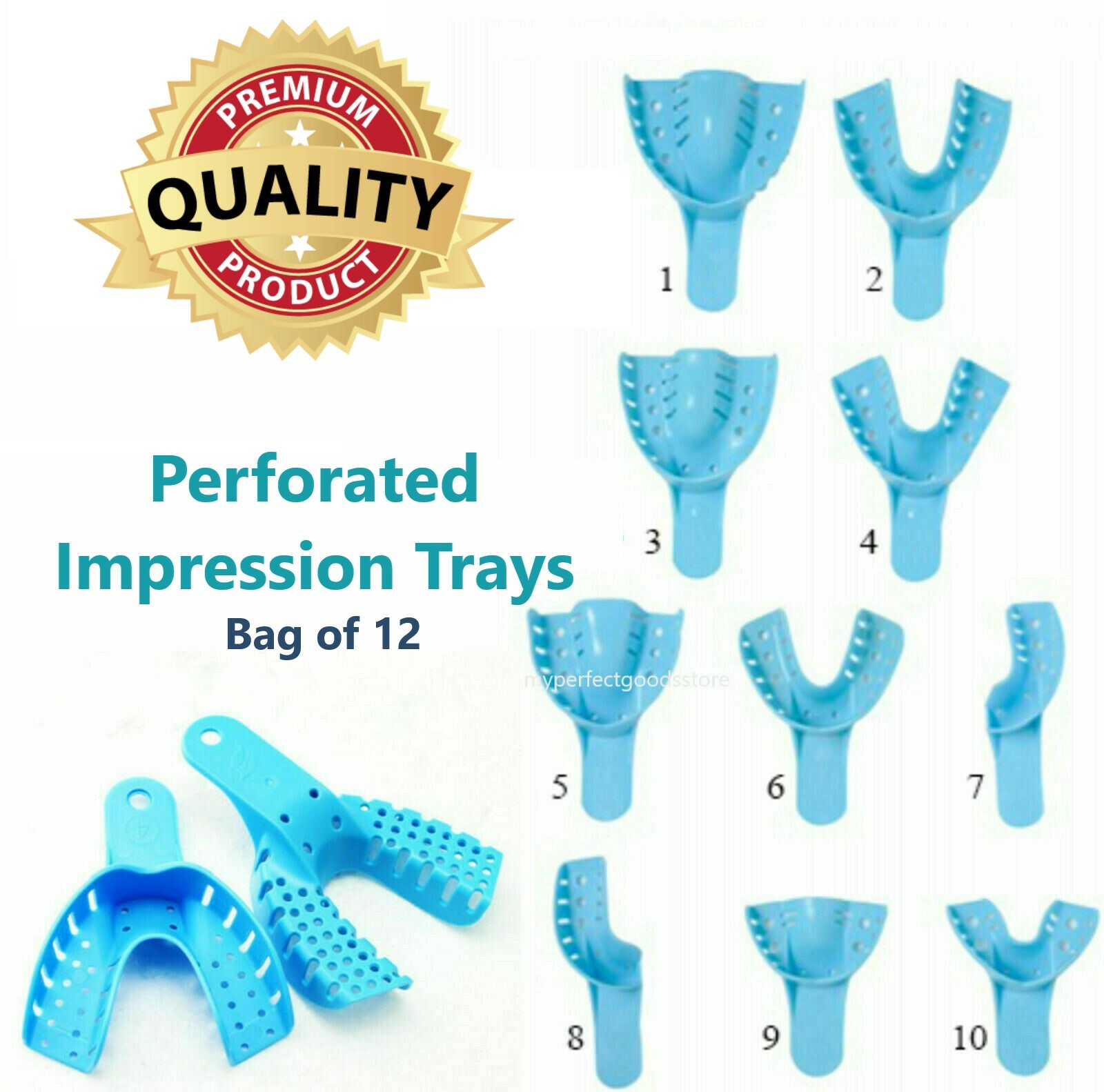 Dental Perforated Plastic Impression Trays XL, L, M, S, Upper /Lower, 12/Bag