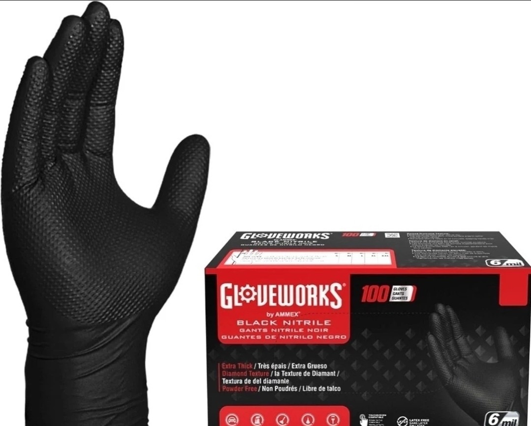 GLOVEWORKS Black Nitrile Gloves – 6 mil Disposable, Large (Pack of 100) Mechanic