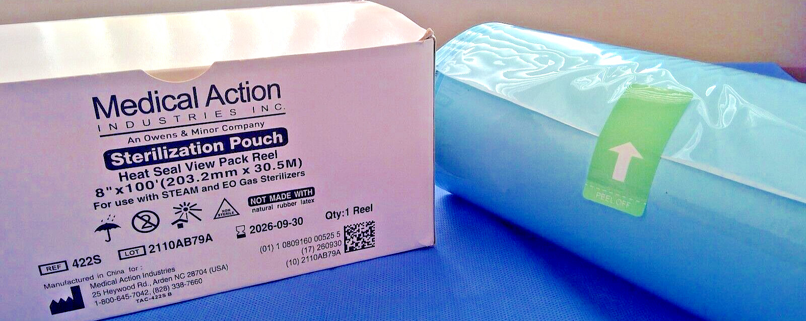 Medical Action Ind. Sterilization Pouch, #422S, 8″ x 100′ Roll, For Steam and EO