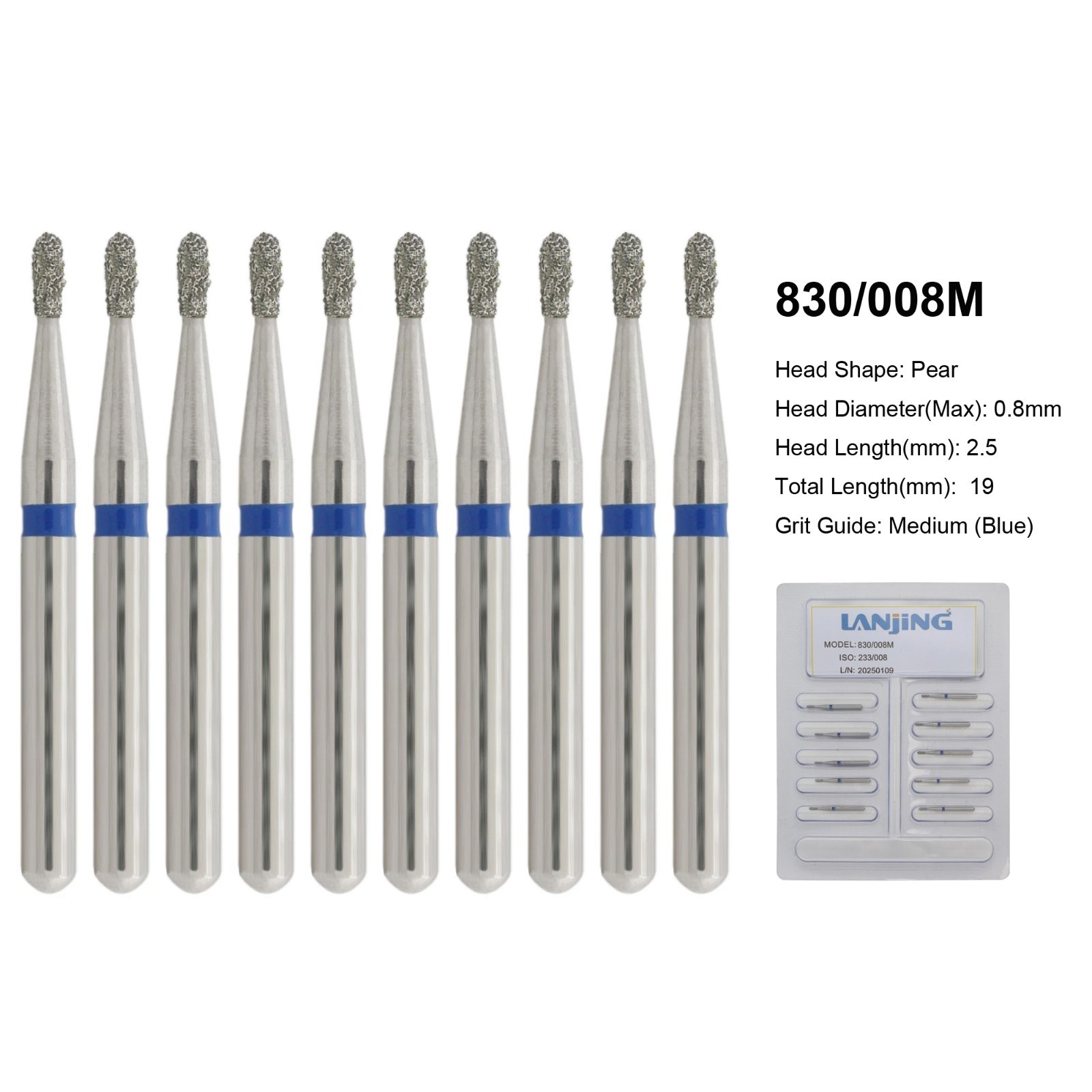 Dental 330 Diamond Burs Pear Shape 830/008M Medium High Speed Friction Grip FG