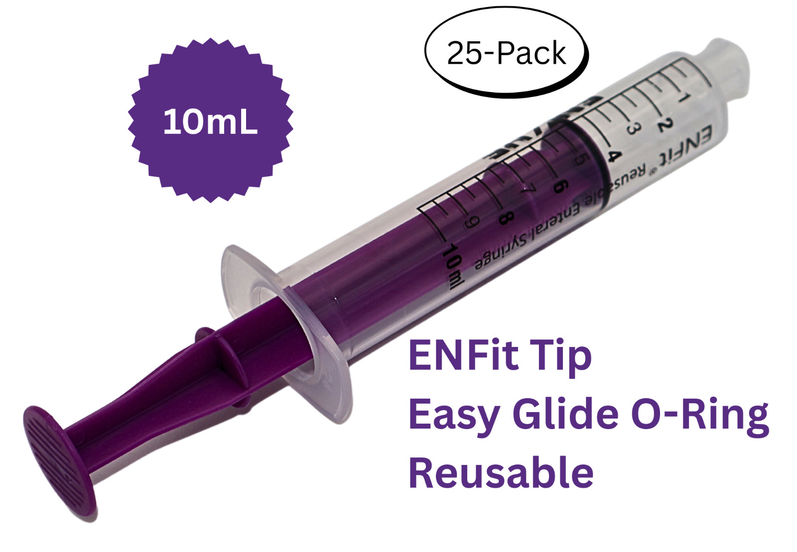 ENFit syringe, 10mL, O-Ring, Reusable Easy Glide Plunger, Pack of 25