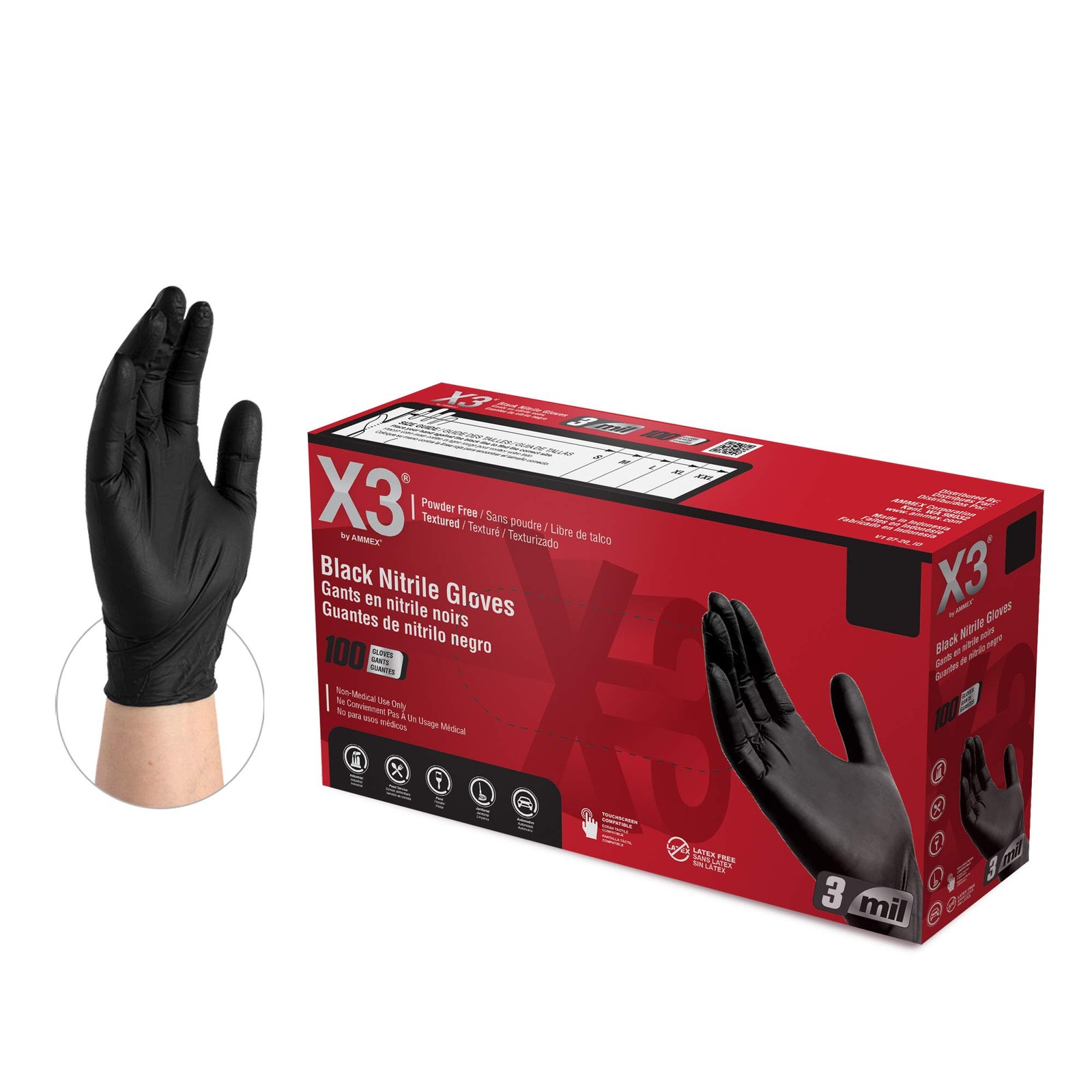 X3 Black Nitrile Disposable Industrial Gloves, 3 Mil, Latex/Powder-Free, Food…
