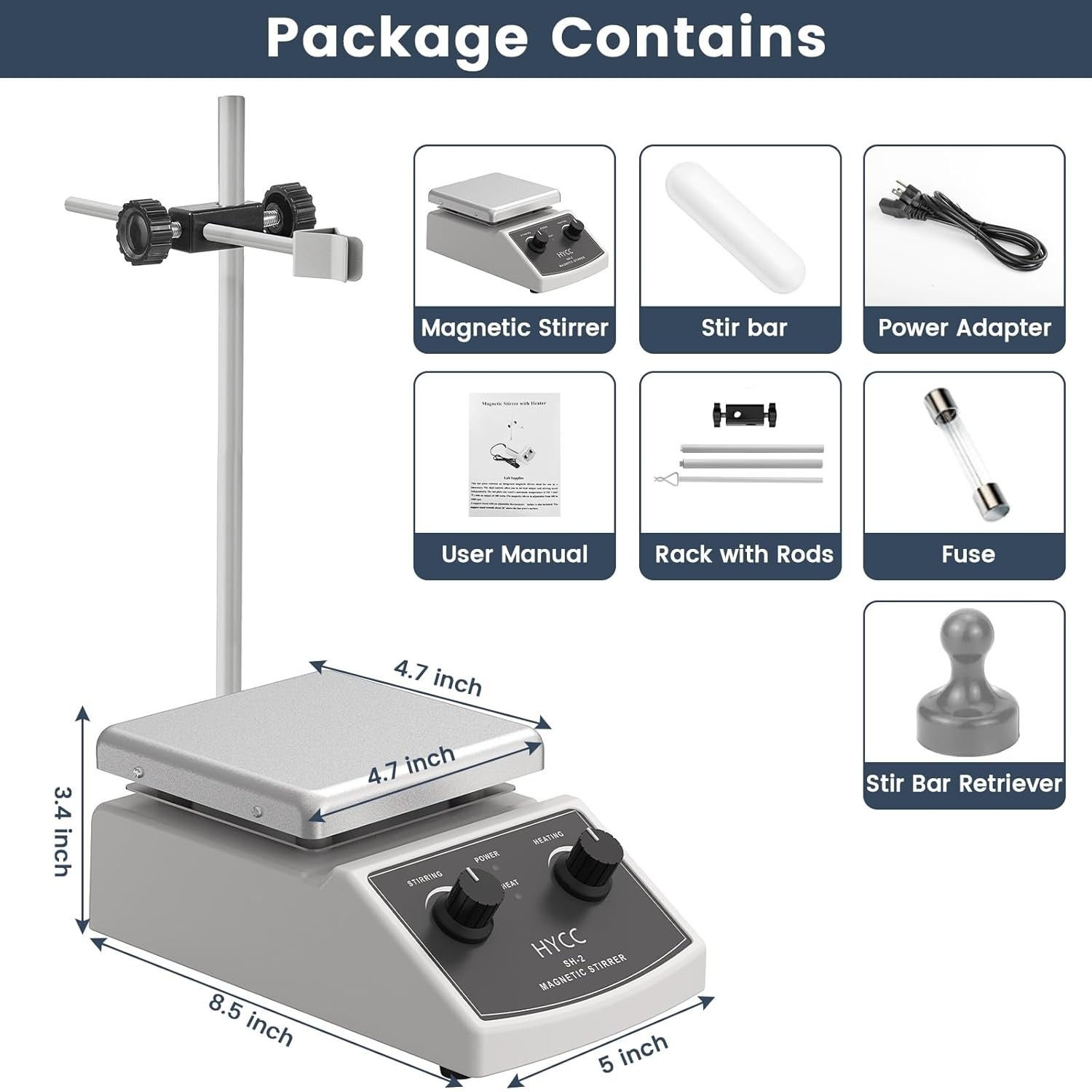 Magnetic Stirrer Hot Plate w/Stir Bar Retriever, 100-2000RPM Hot Plate Stirrer