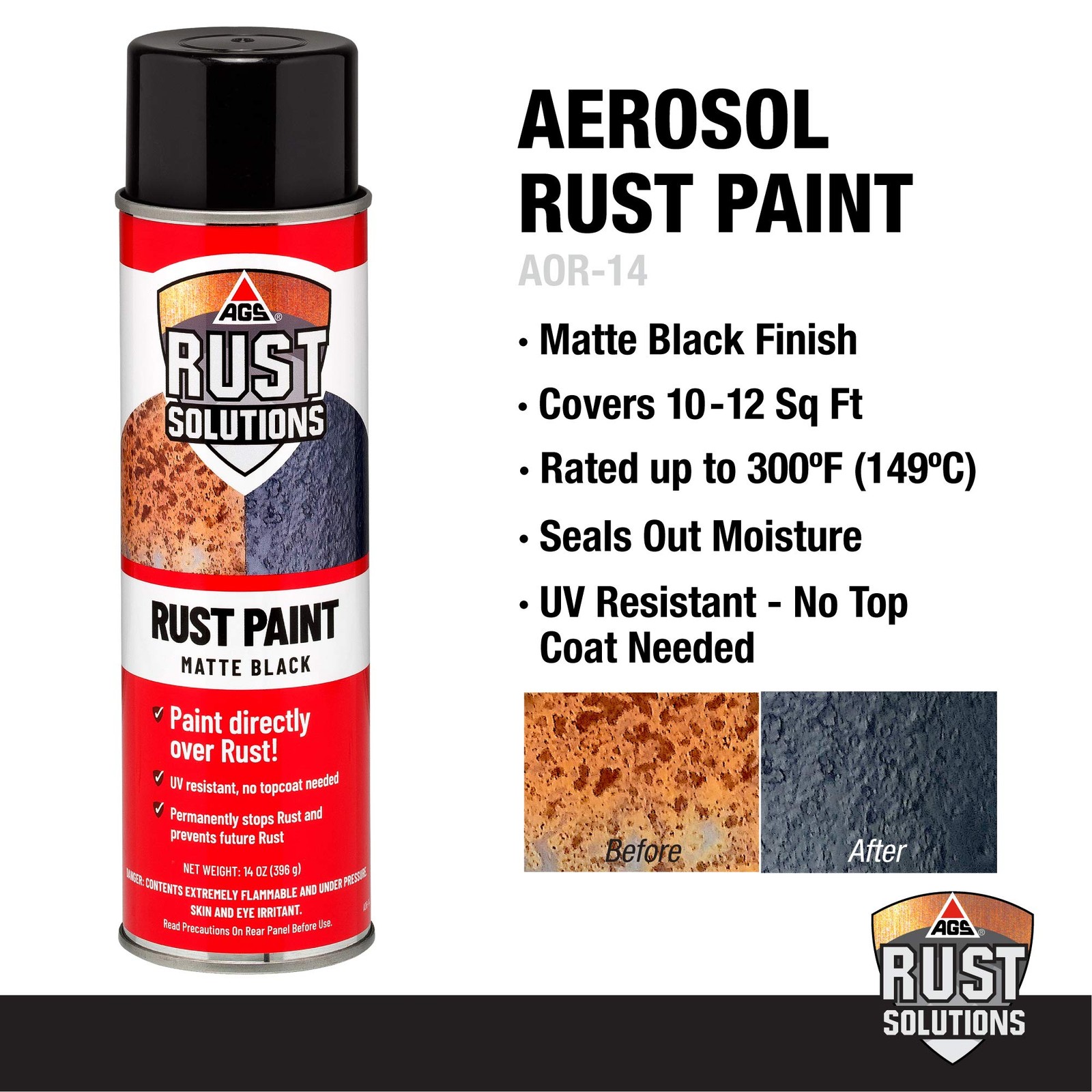 AGS RUST SOLUTIONS Rust Spray Paint 14oz Durable Matte Black for All Surfaces