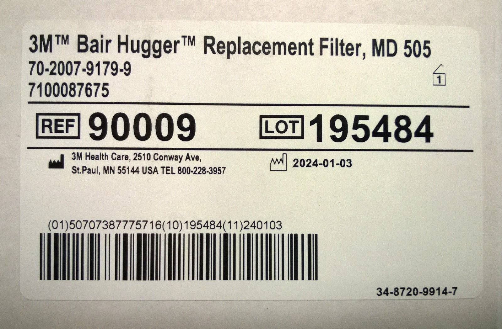 3M Solventum 90009 BAIR HUGGER 3M Replacement FILTER, 0.2 Micron Model 505 New
