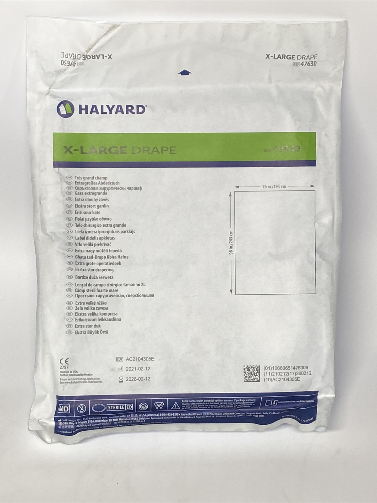 Halyard Health 47630 X-Large Drape, 76”x96”, Sterile Pack XL Drape Exp:2026 New