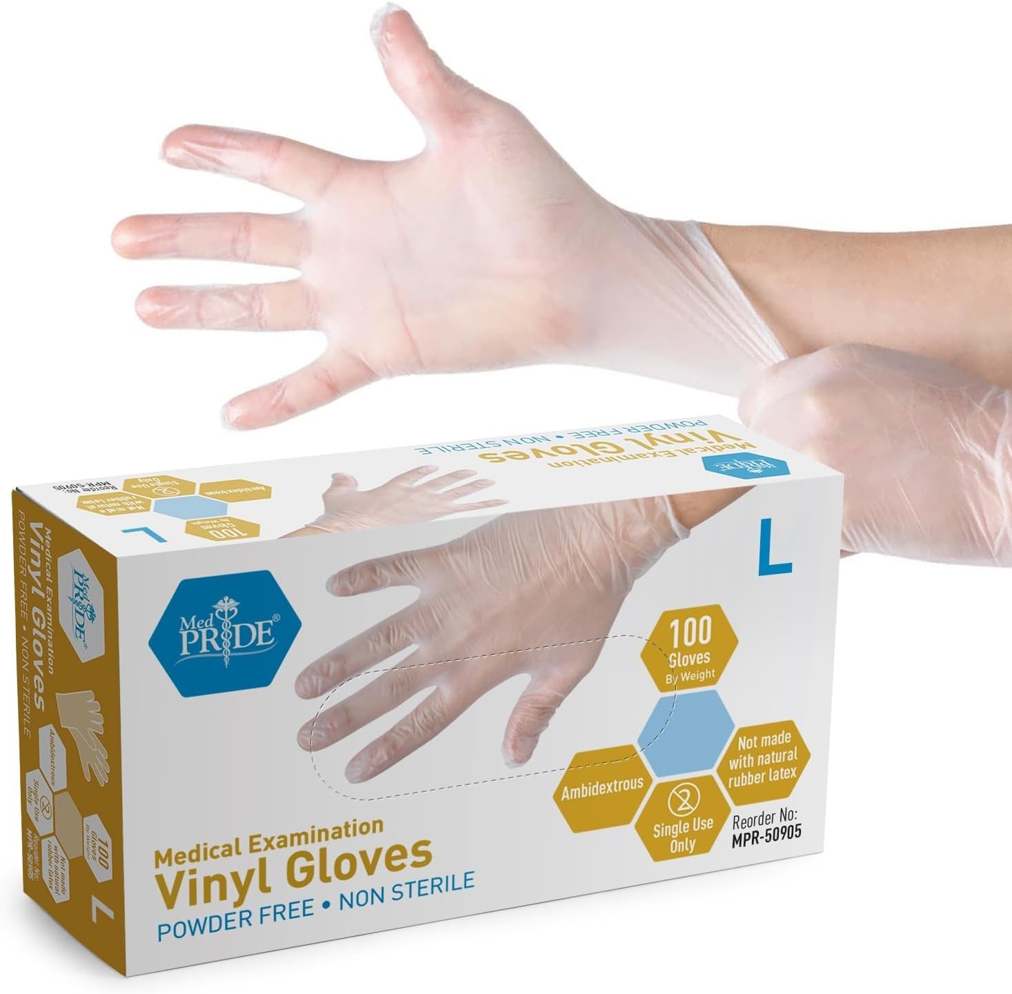 MED PRIDE Medical Vinyl Examination Gloves (Large, 100-Count) Latex & Rubber Fre