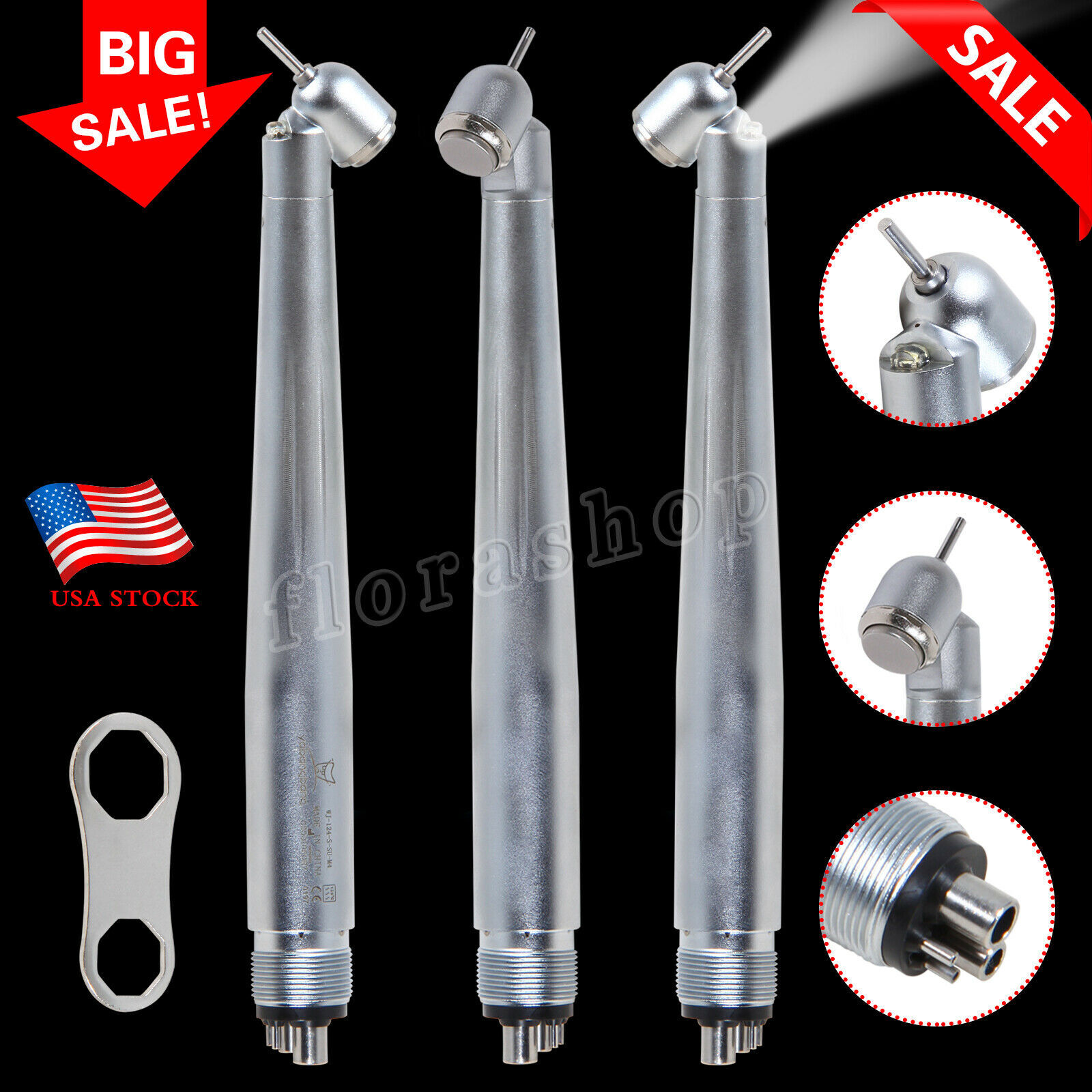 LED Dental Surgical Handpiece 45° Angle 4 Hole Midwest Rear Exhaust Impact Air