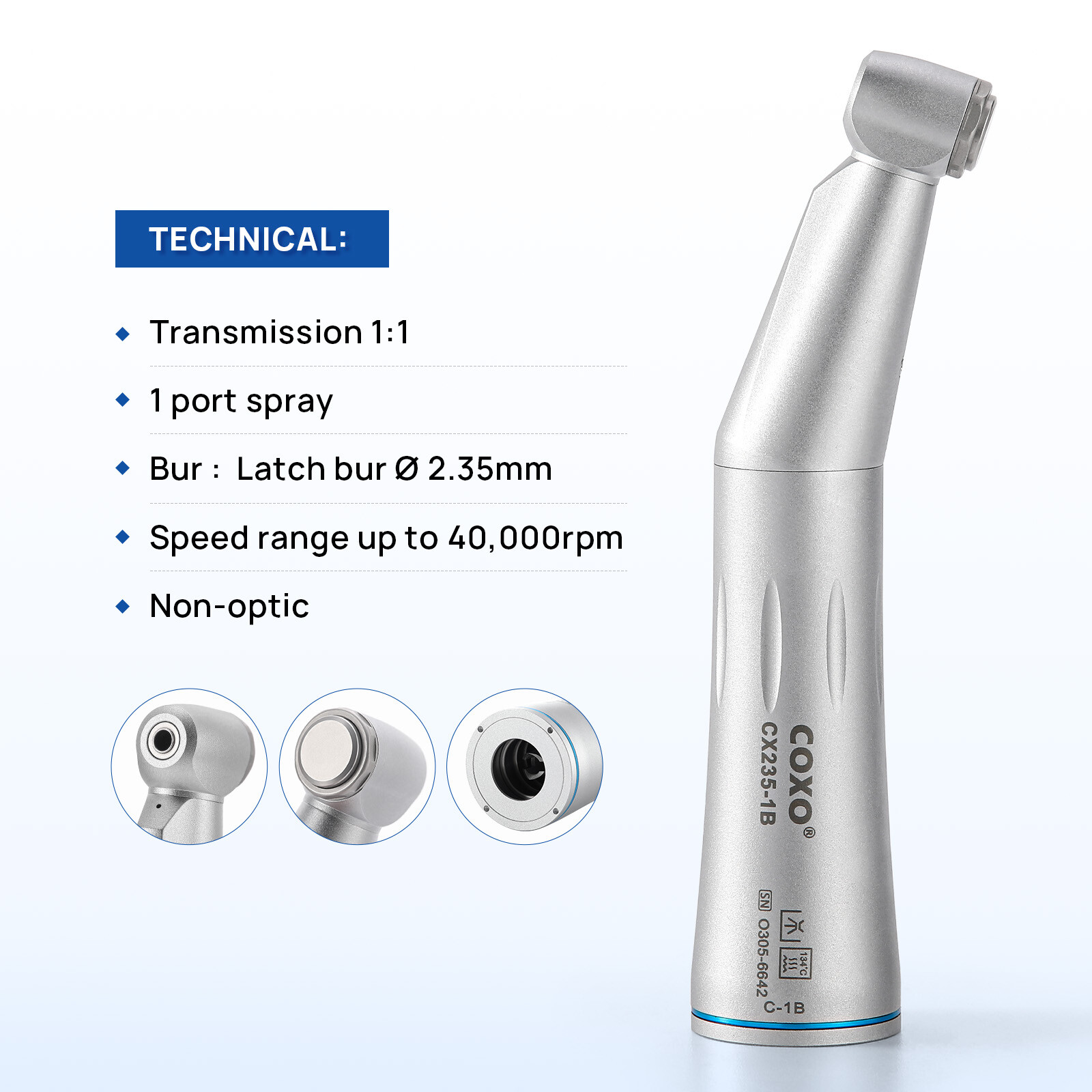 COXO CX235-1B Low Speed Handpiece 1:1 Inner Channel Contra Angle Max40, 000rpm