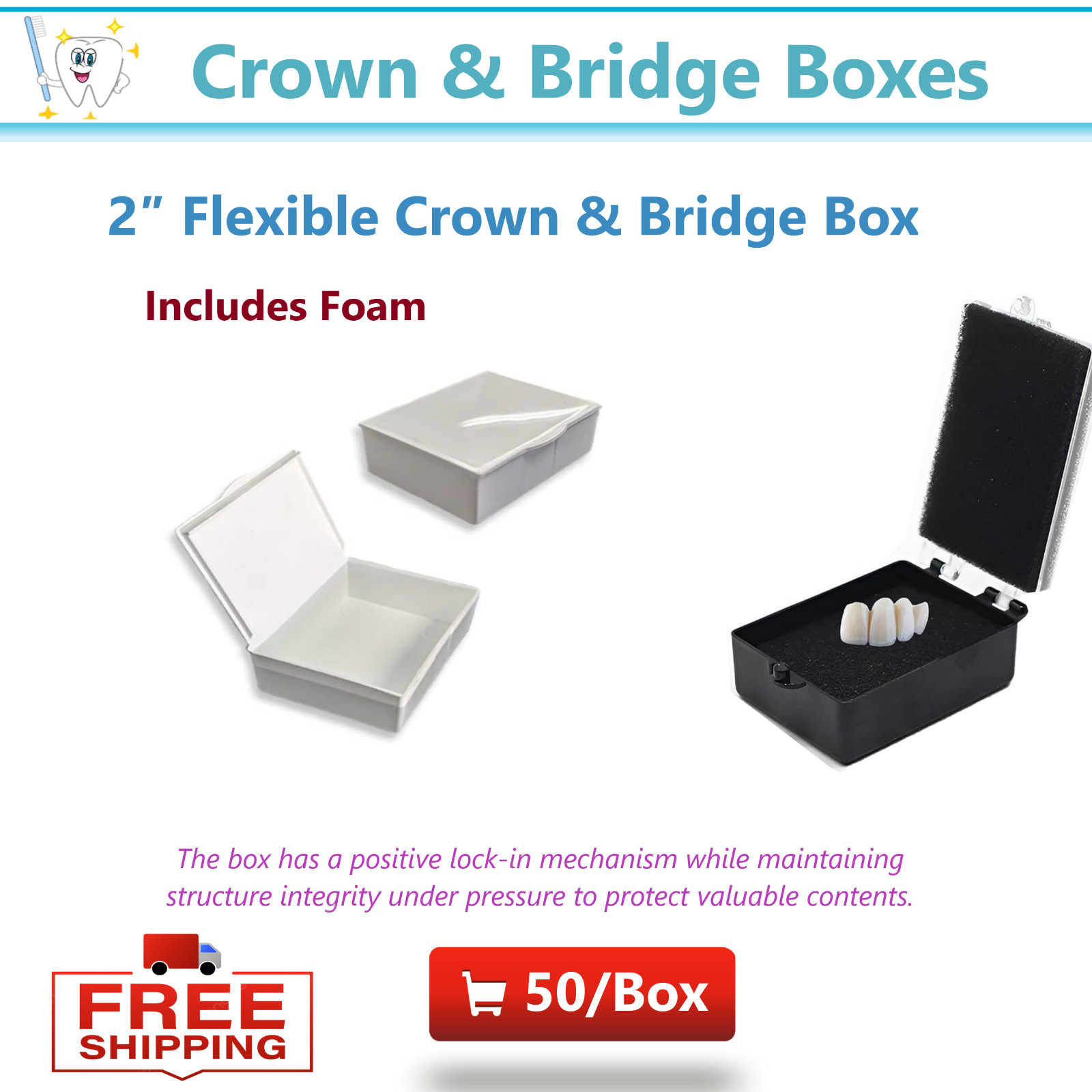 50/Box Dental Lab Packaging Plastic Box with Foam Single Crowns & Bridge White